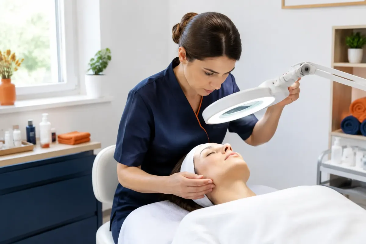 Esthéticienne examinant le visage d’une cliente sous lampe grossissante