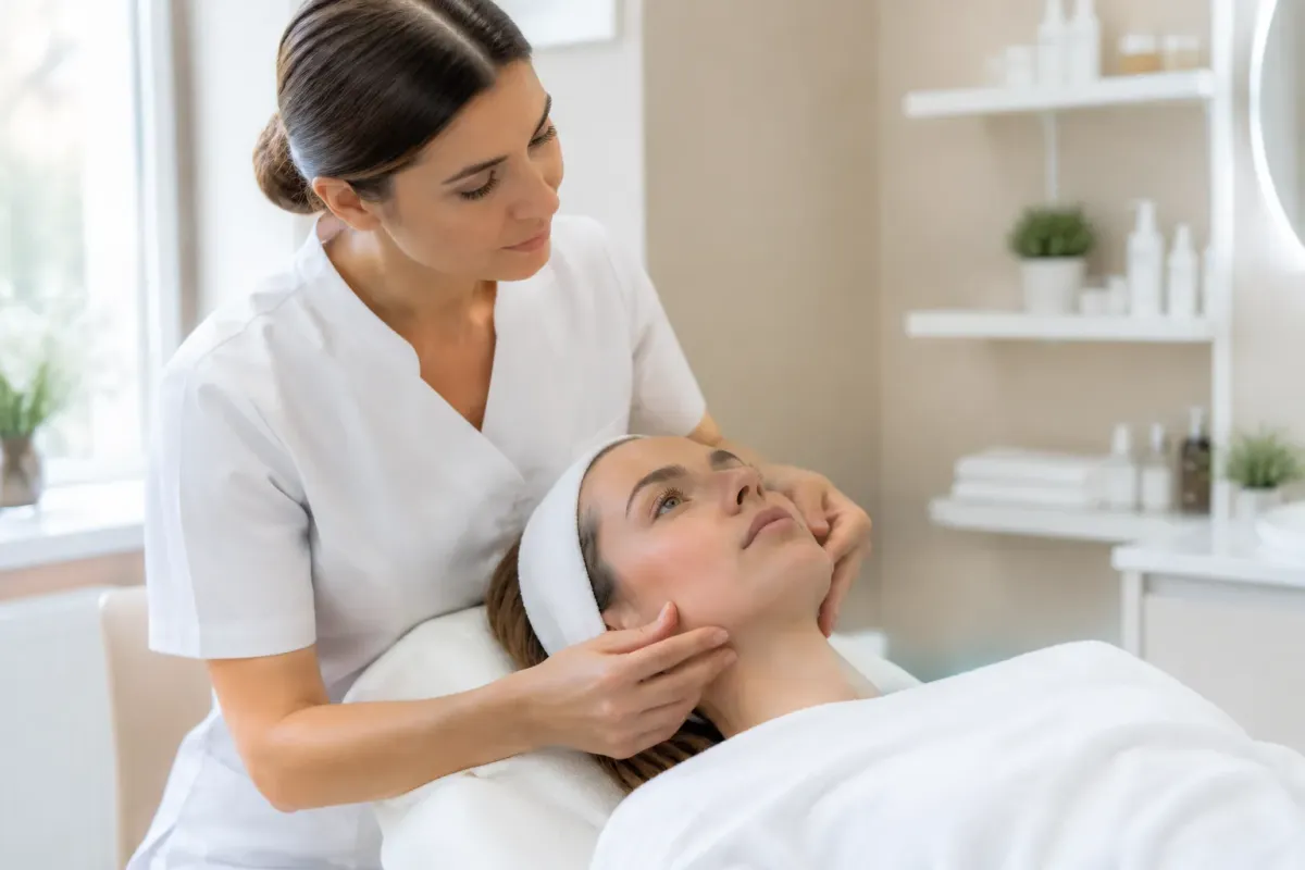 Esthéticienne massant le visage d’une cliente allongée.