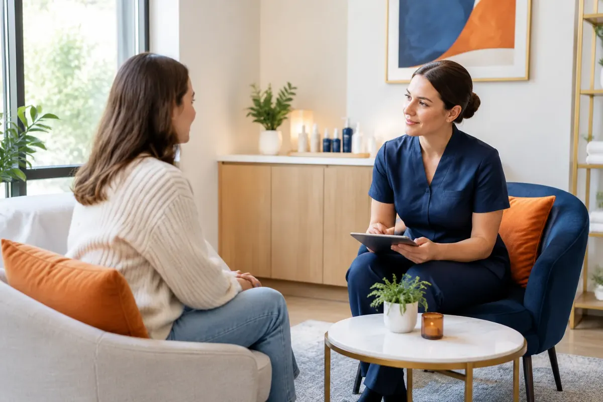 Consultation entre infirmière et patiente dans un salon lumineux