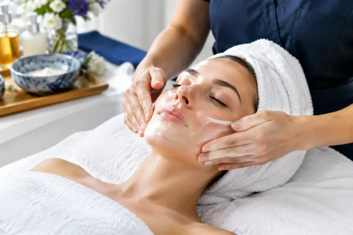 Soin facial en spa, massage du visage avec crème.