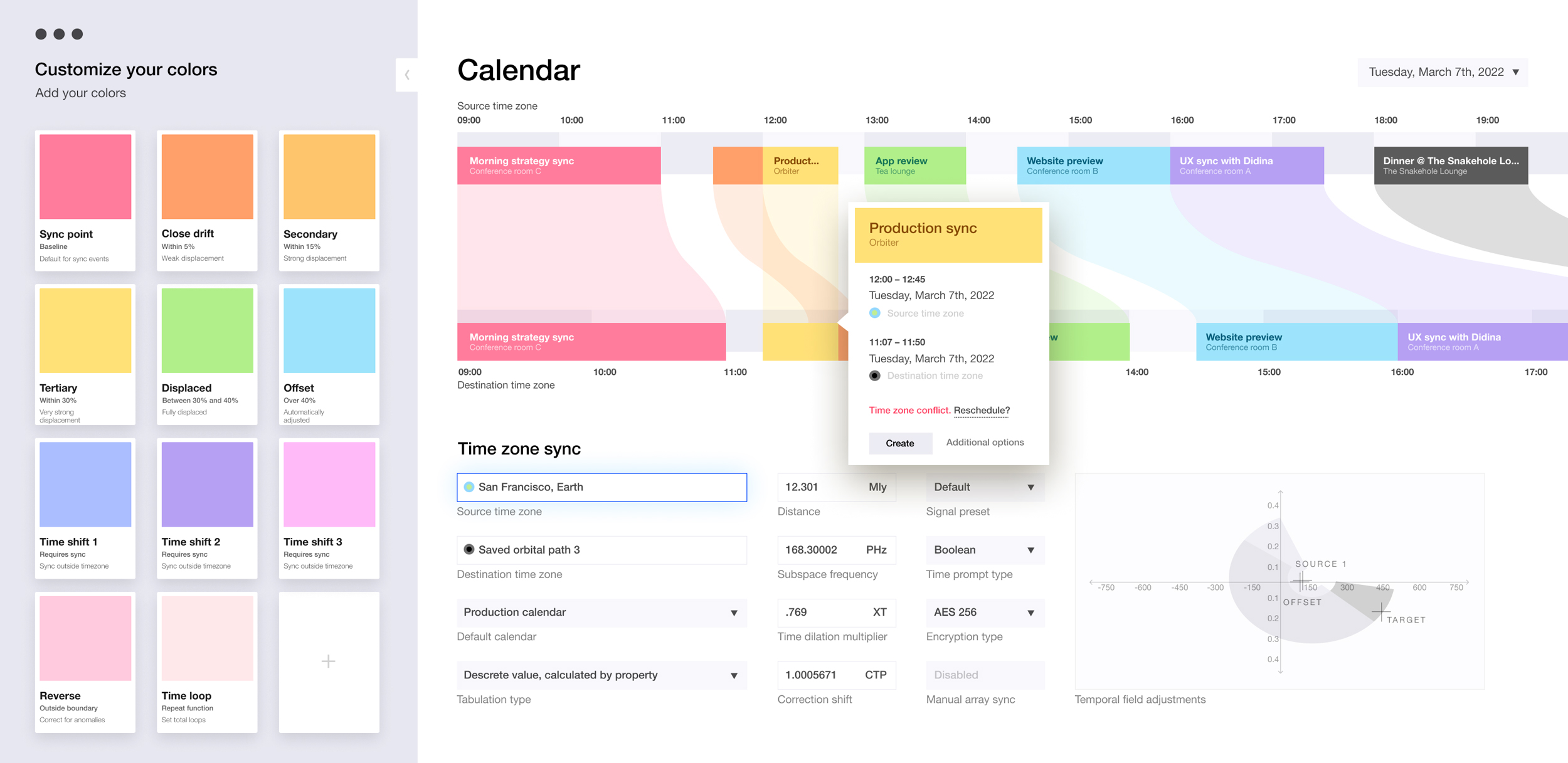 Calendar app interface showing time travel details
