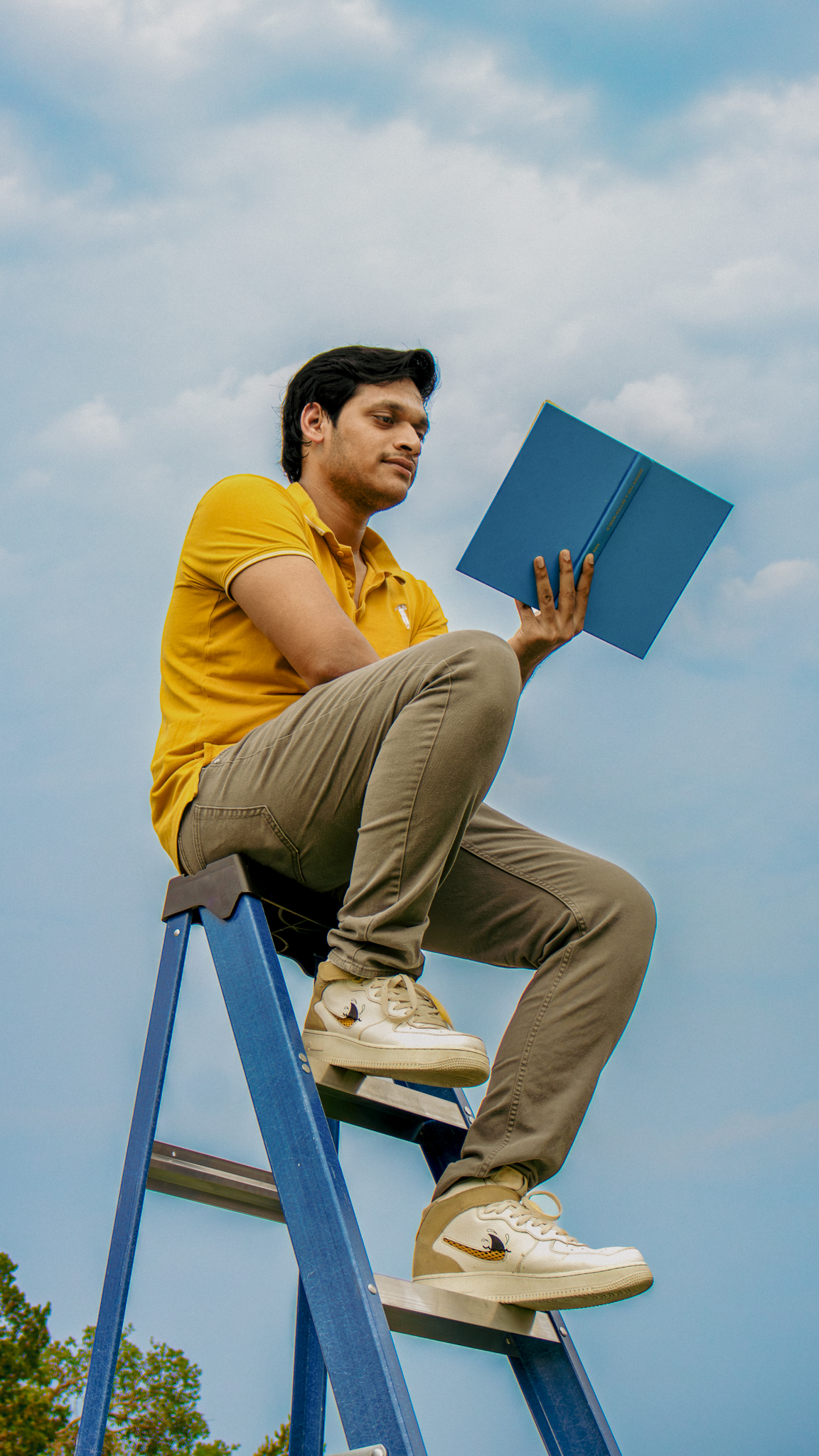 Man Reading a book on the ladder
