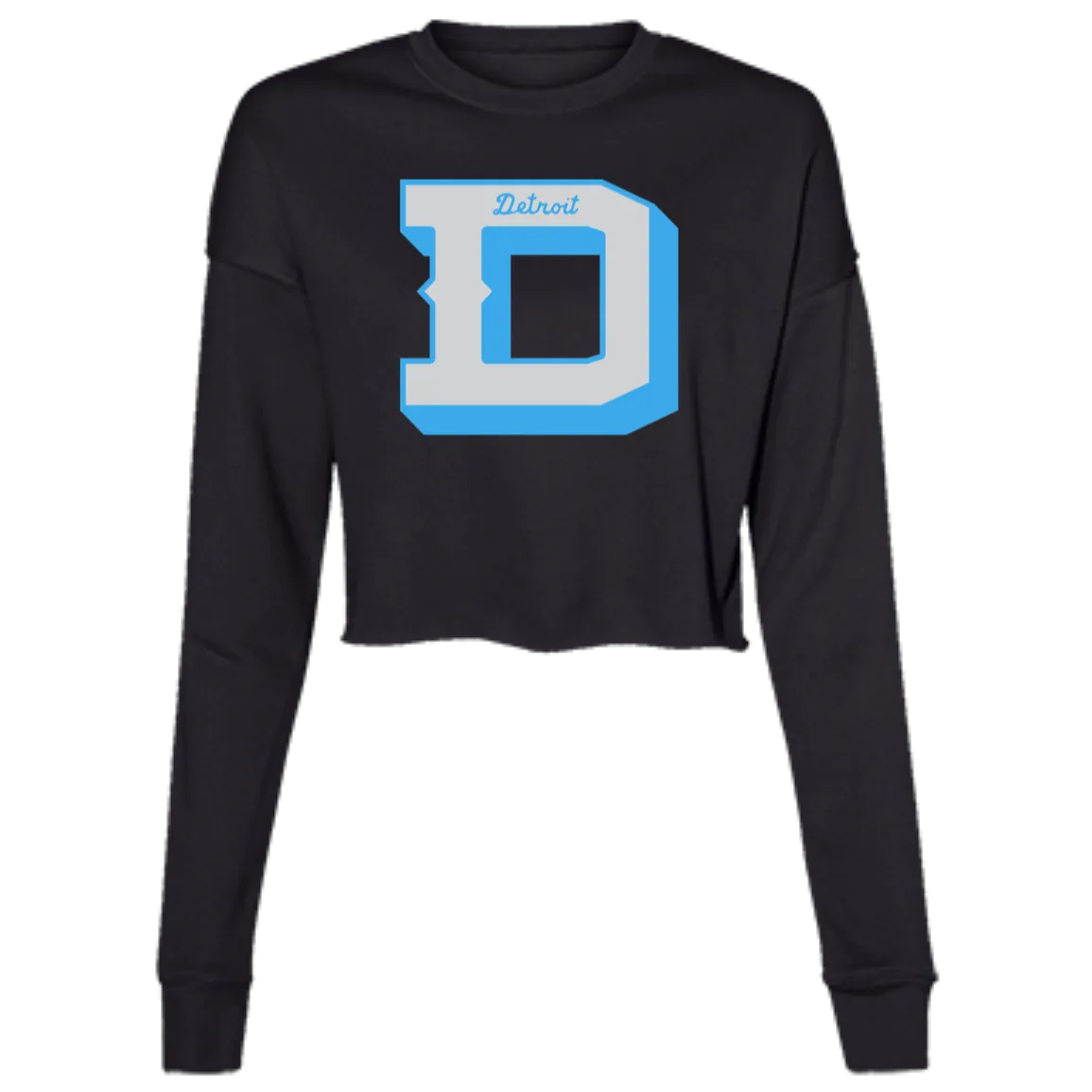 Detroit Football D - Silver + Light Blue Women's Cropped Crewneck Sweatshirt
