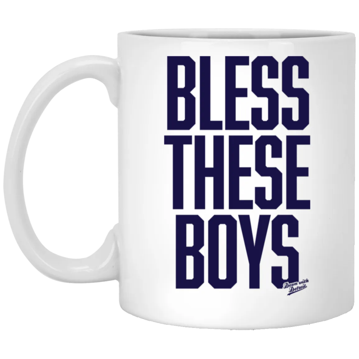 Bless These Boys Block Font - Navy White Mug
