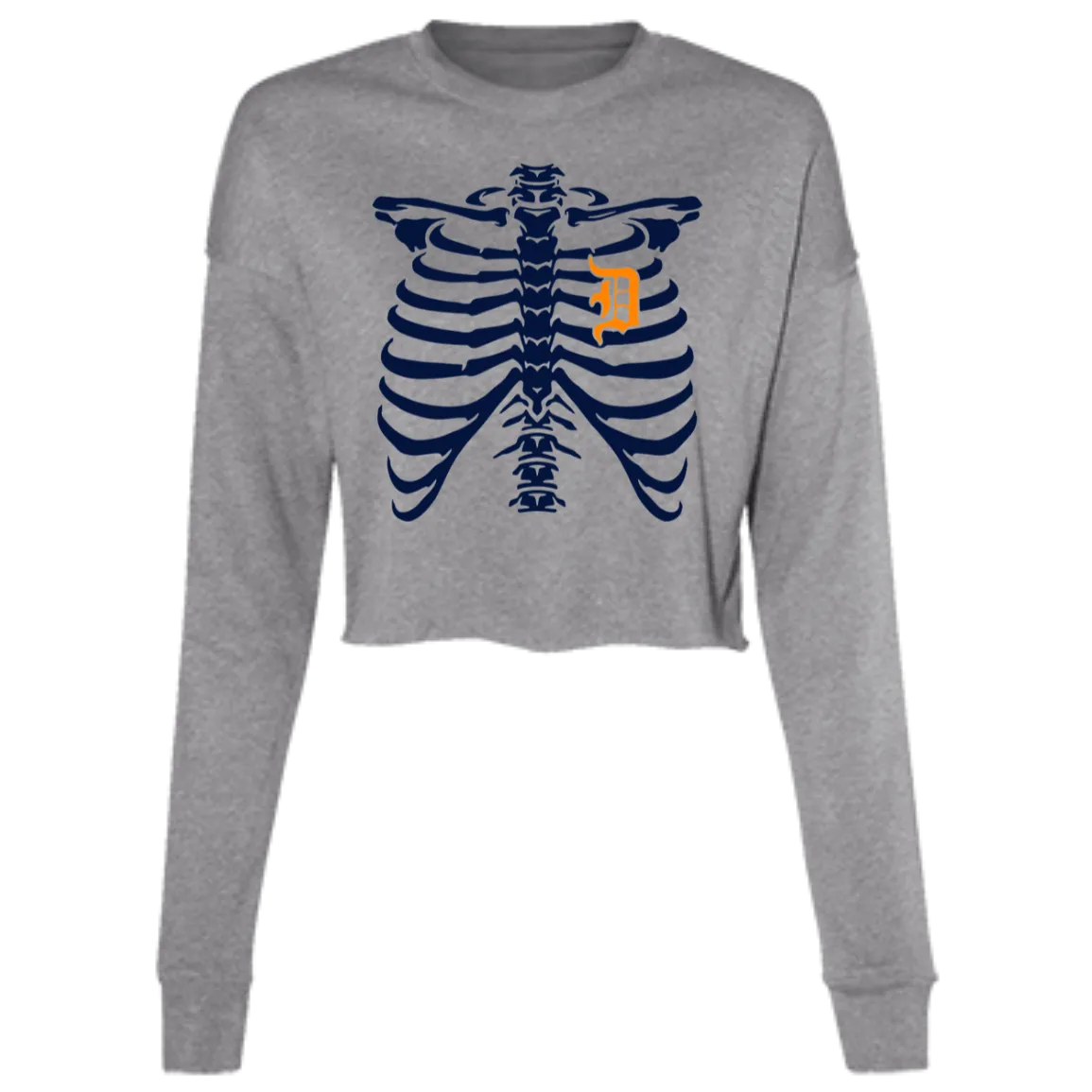 Detroit Heart Skeleton - Navy Orange Women's Cropped Crewneck Sweatshirt