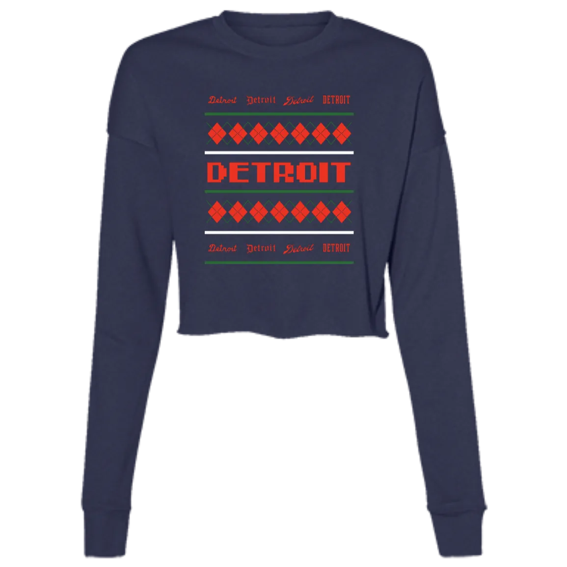 Detroit Ugly Christmas Sweater - Green + REd Women's Cropped Crewneck Sweatshirt