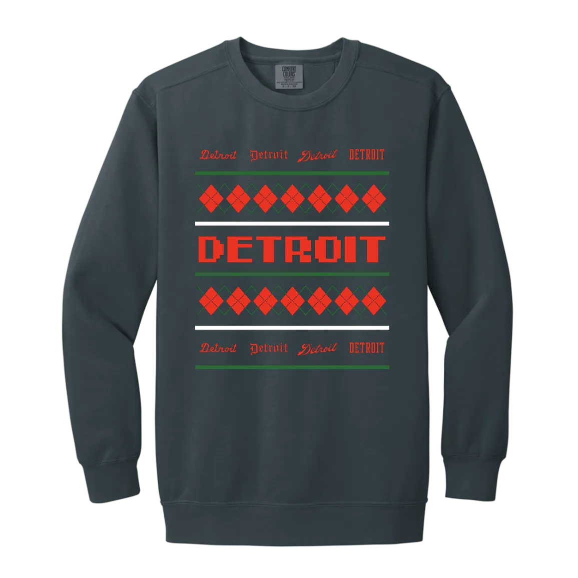 Detroit Ugly Christmas Sweater - Green + REd Vintage Wash Crewneck Sweatshirt