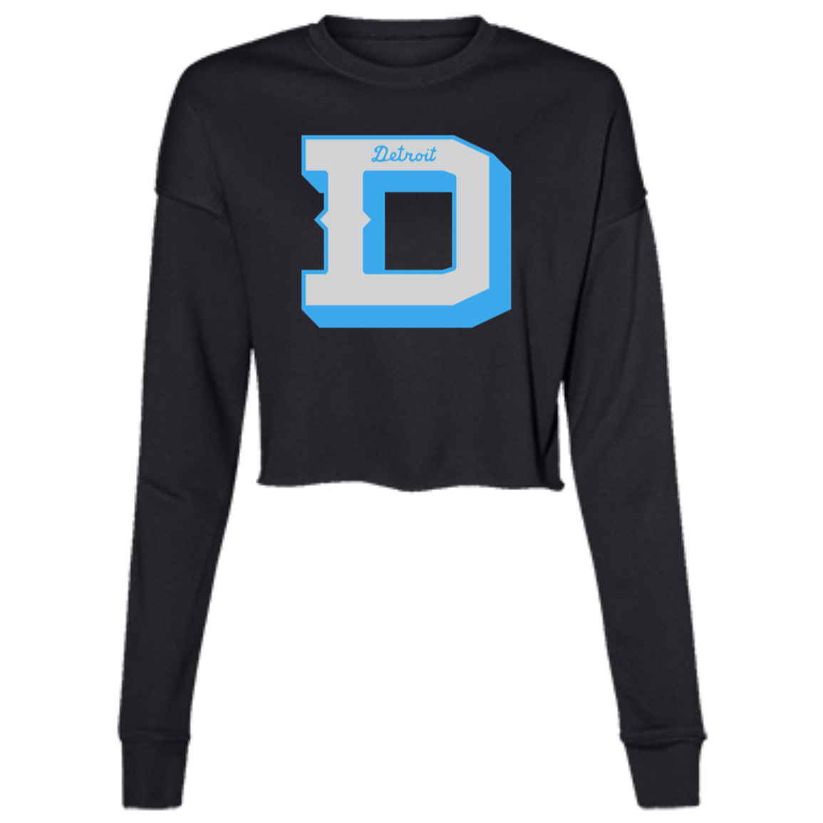 Detroit Football D - Silver + Light Blue Women's Cropped Crewneck Sweatshirt