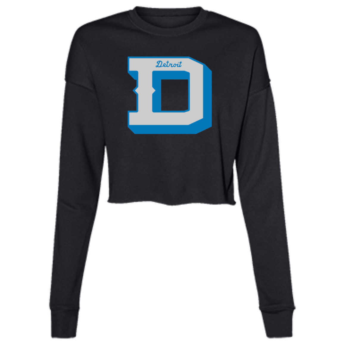 Detroit Football D - Silver + Blue Women's Cropped Crewneck Sweatshirt