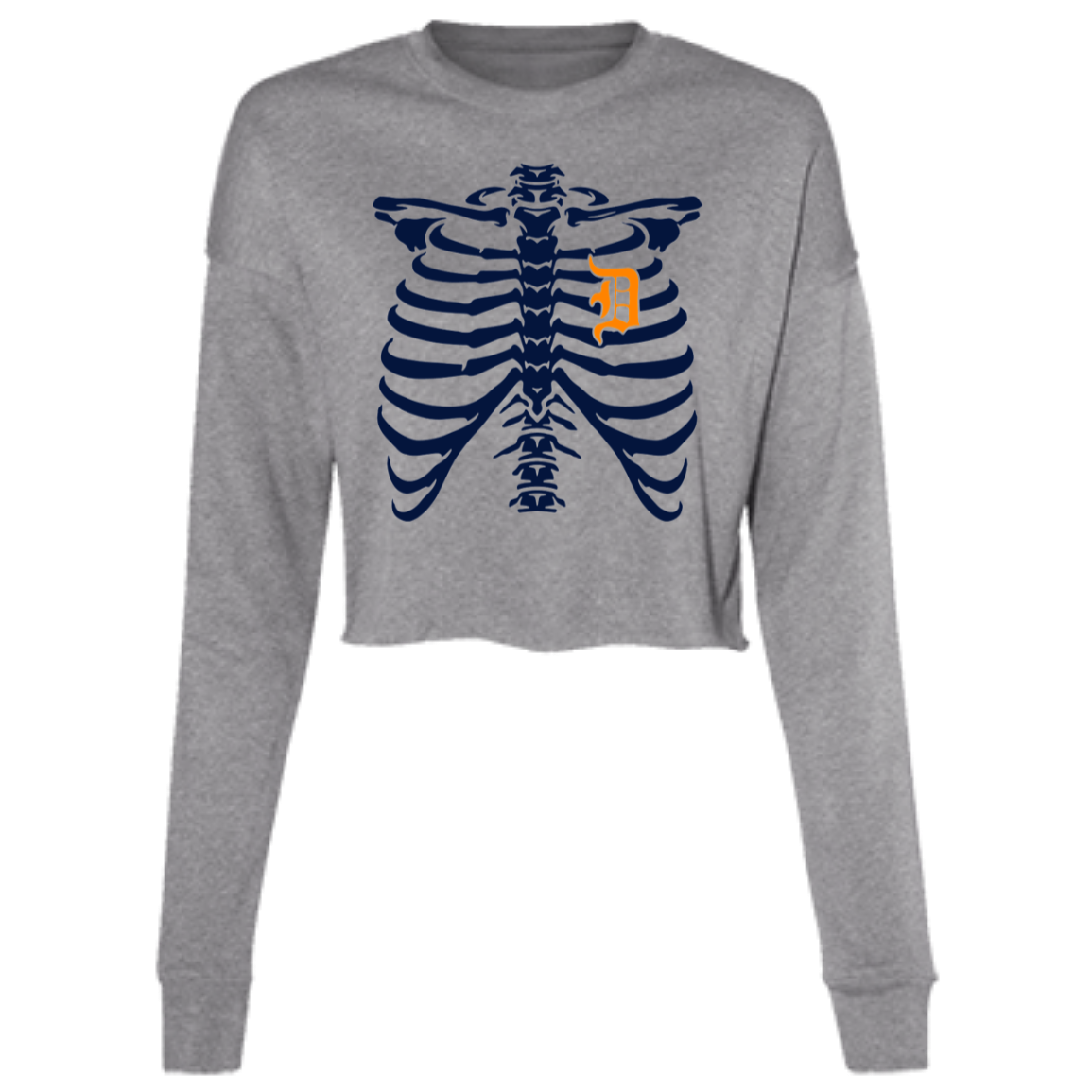 Detroit Heart Skeleton - Navy Orange Women's Cropped Crewneck Sweatshirt
