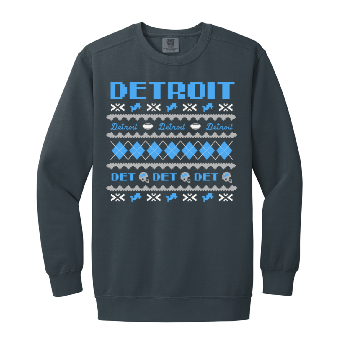 Detroit Football Sweater - Blue + White Vintage Wash Crewneck Sweatshirt
