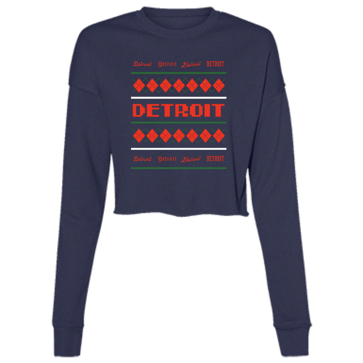 Detroit Ugly Christmas Sweater - Green + REd Women's Cropped Crewneck Sweatshirt