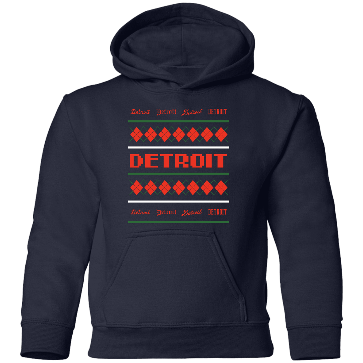 Detroit Ugly Christmas Sweater - Green + REd Kids Unisex Classic Hoodie