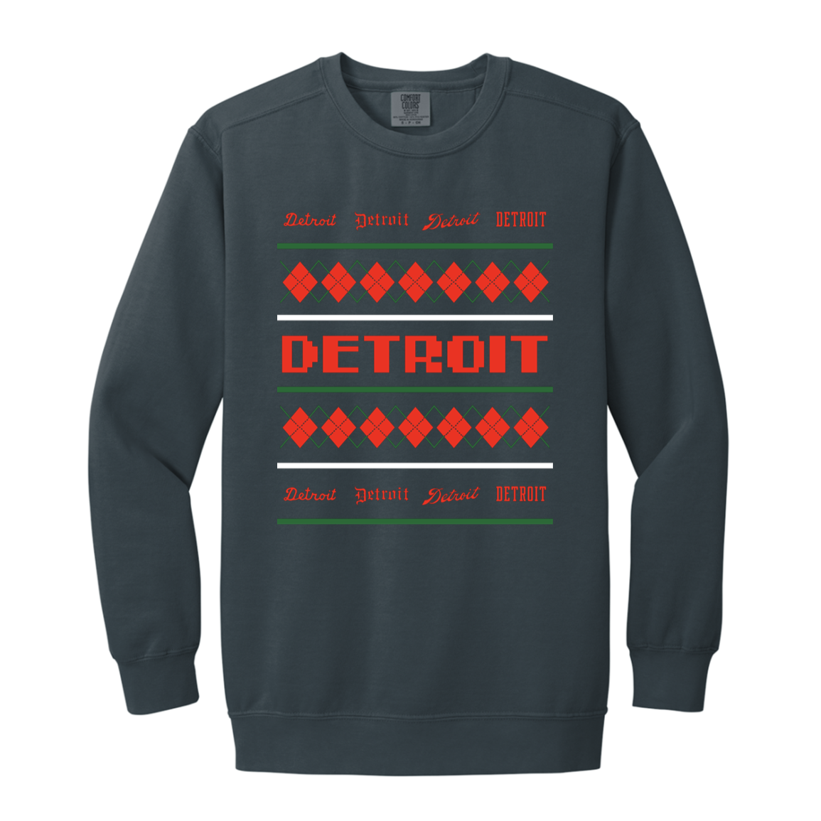 Detroit Ugly Christmas Sweater - Green + REd Vintage Wash Crewneck Sweatshirt