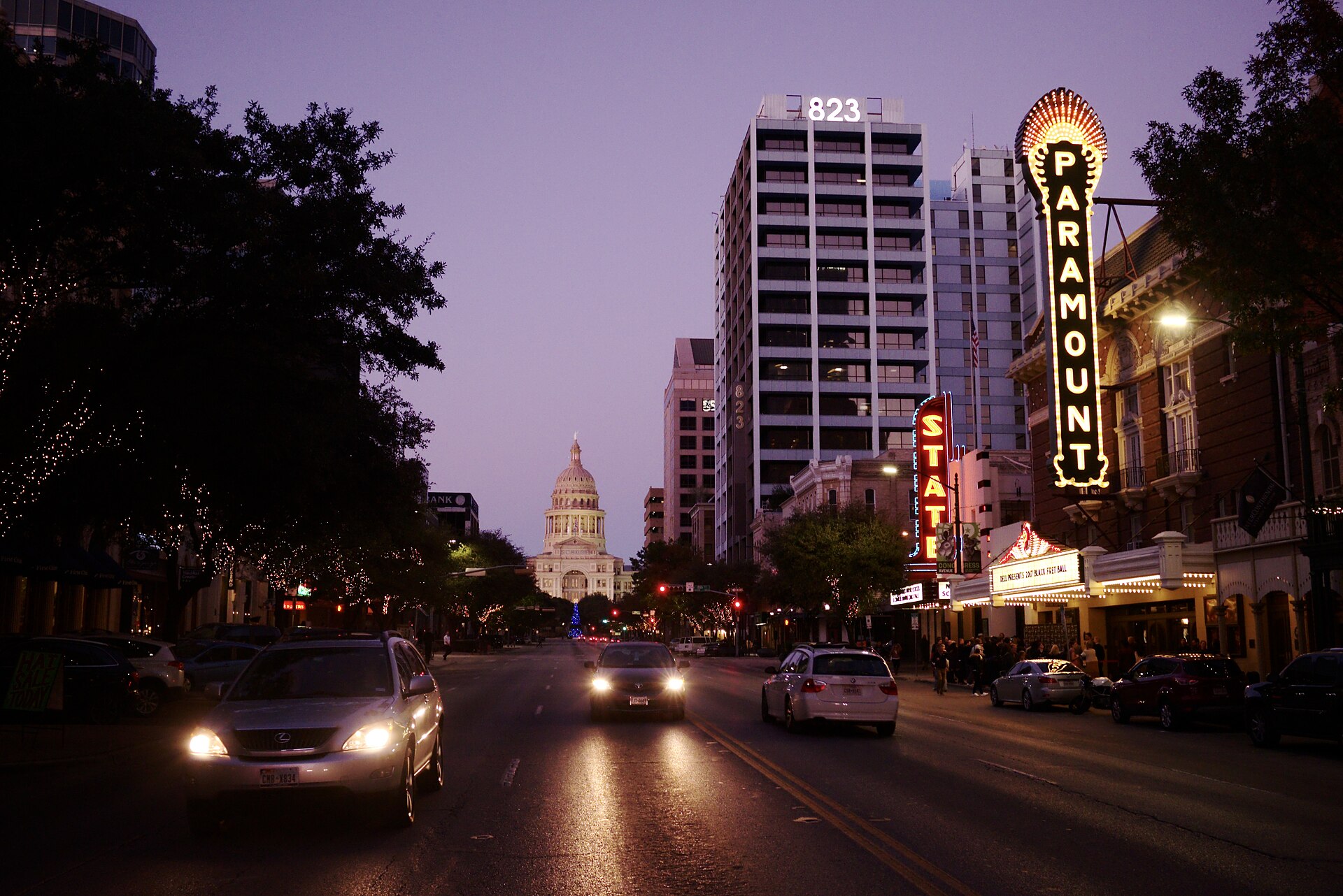 Congress Avenue at dusk looking towards the Texas State Capitol, Austin