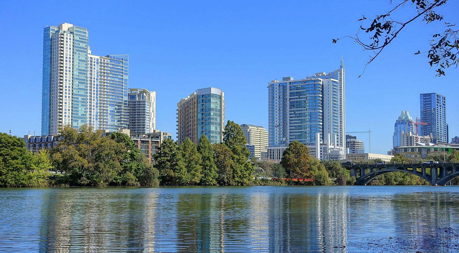 Downtown Austin high-rises reflected in Lady Bird Lake