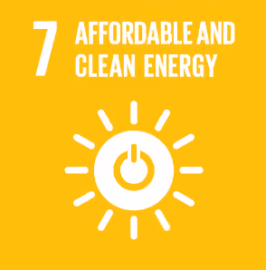 Icon of sun with power symbol representing affordable and clean energy goal seven on yellow background.