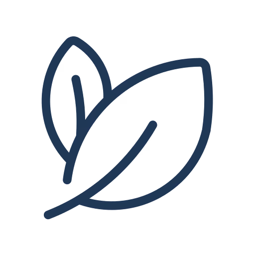 Outlined icon of two overlapping leaves representing nature or eco-friendly concept.