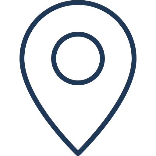 Simple dark blue location pin icon with a central circle on transparent background.