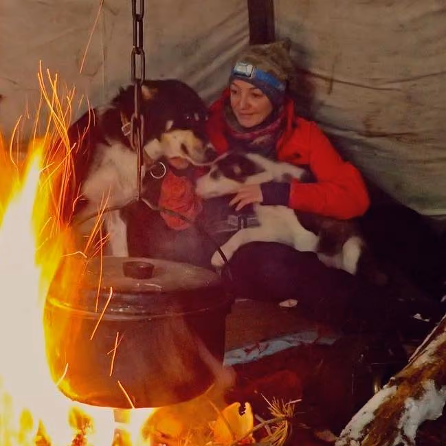 Person in red jacket sitting with two husky dogs inside a tent near an open fire with a pot hanging above.
