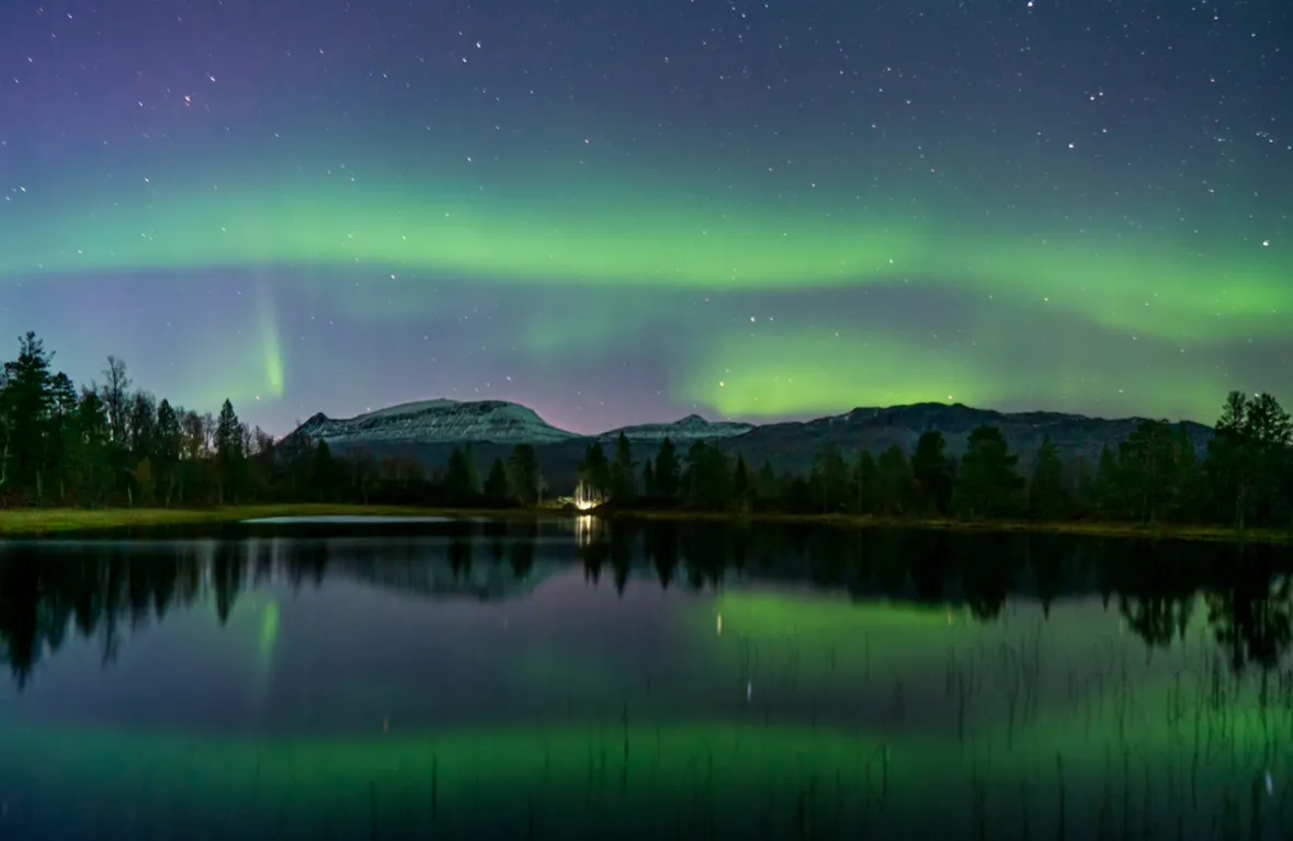 Glowing green northern lights reflecting in a calm forest lake at night.