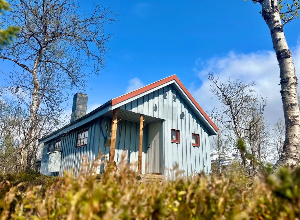 Blue painted wooden cabin surrounded by autumn trees under a clear blue sky.