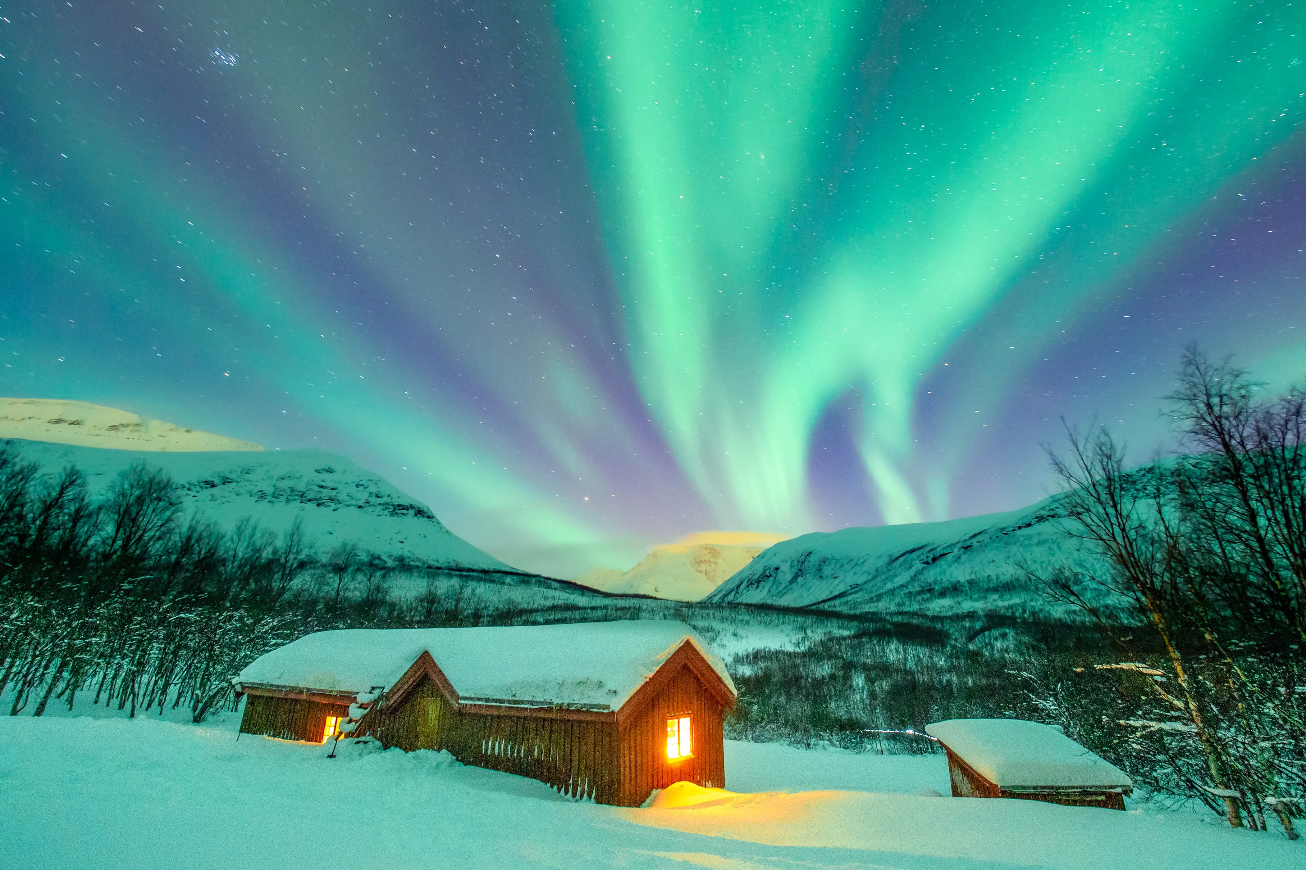 Snow-covered wooden cabins with warm glowing windows in a snowy landscape surrounded by bare trees and mountains under a vibrant green northern lights aurora in a starry night sky.