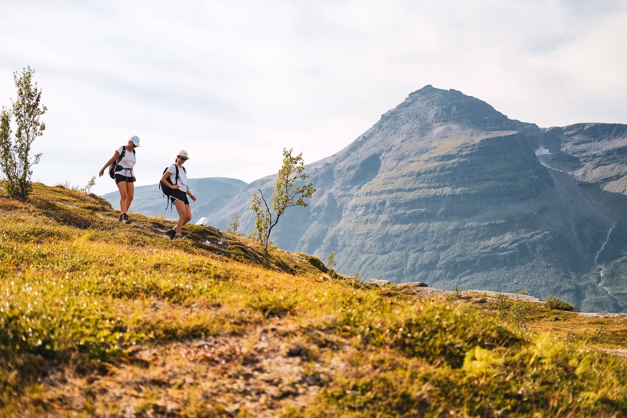 Hikers walking along a grassy mountain ridge overlooking green valleys.