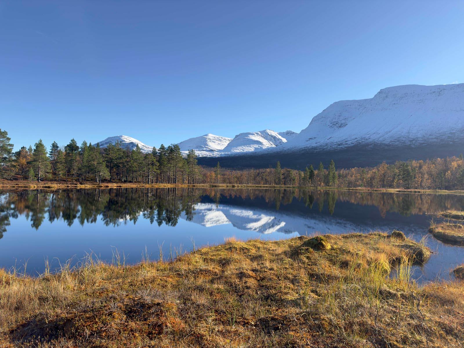 Panoramic view of a calm fjord reflecting autumn hills and distant mountains.
