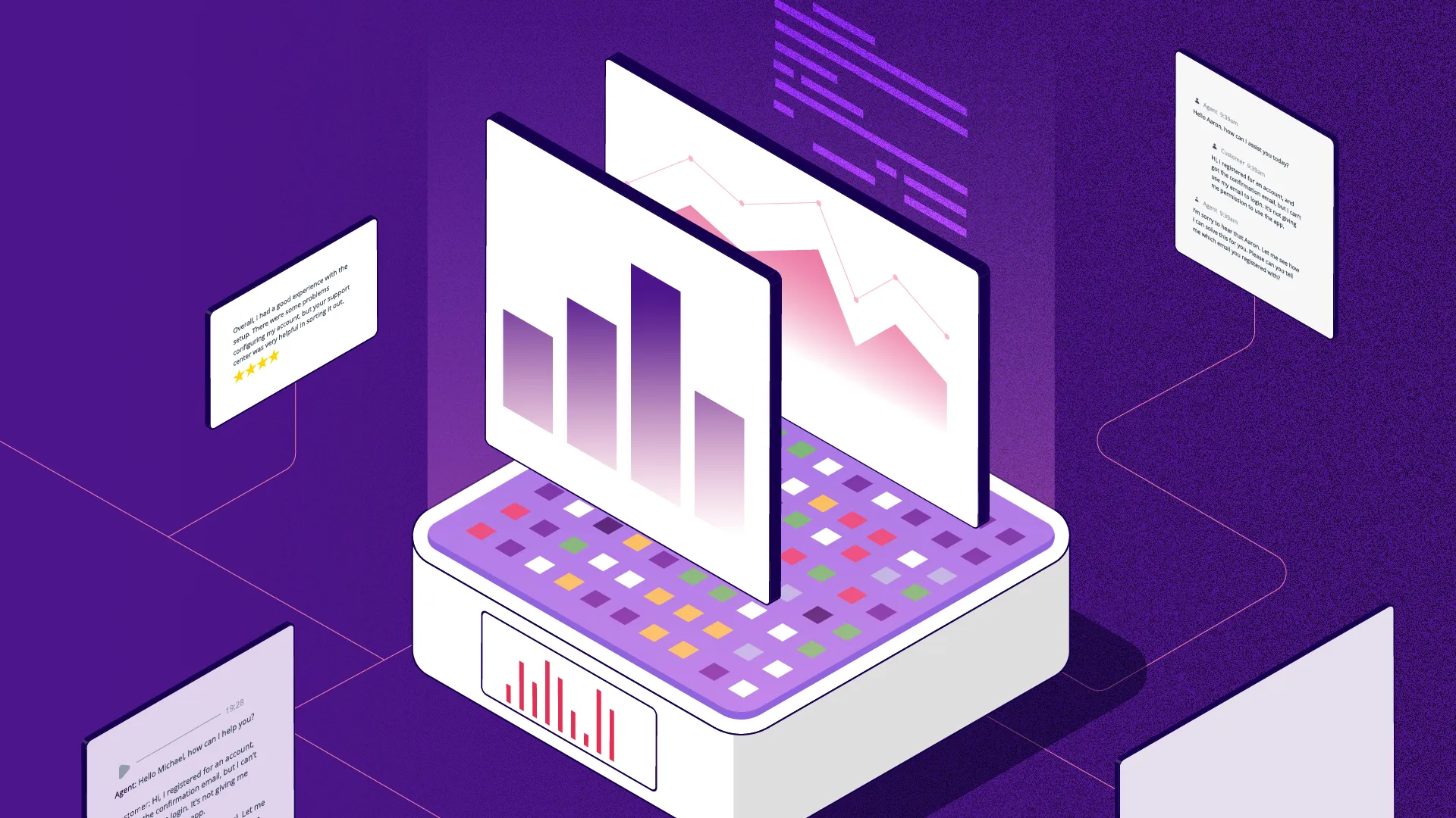 Isometric data visualization platform showing charts and graphs on a purple background with analytics dashboard.