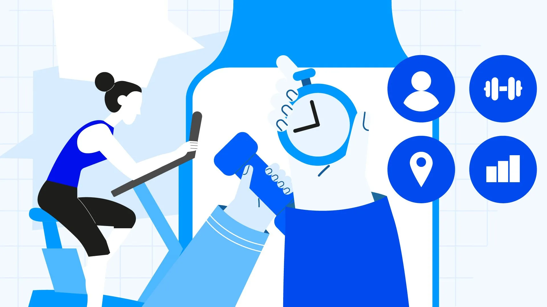 Fitness activities in front a apple watch with some functional icons such as social, GPS, Graphs, Weig