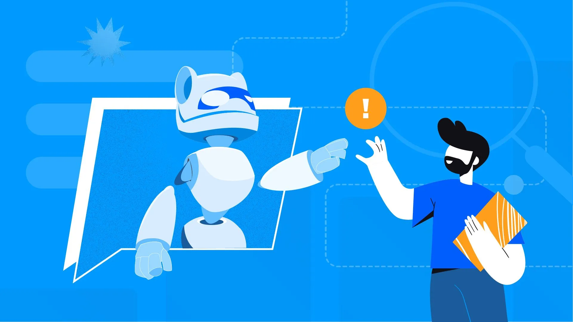 AI robot peeking from a speech bubble working with insight professional male.