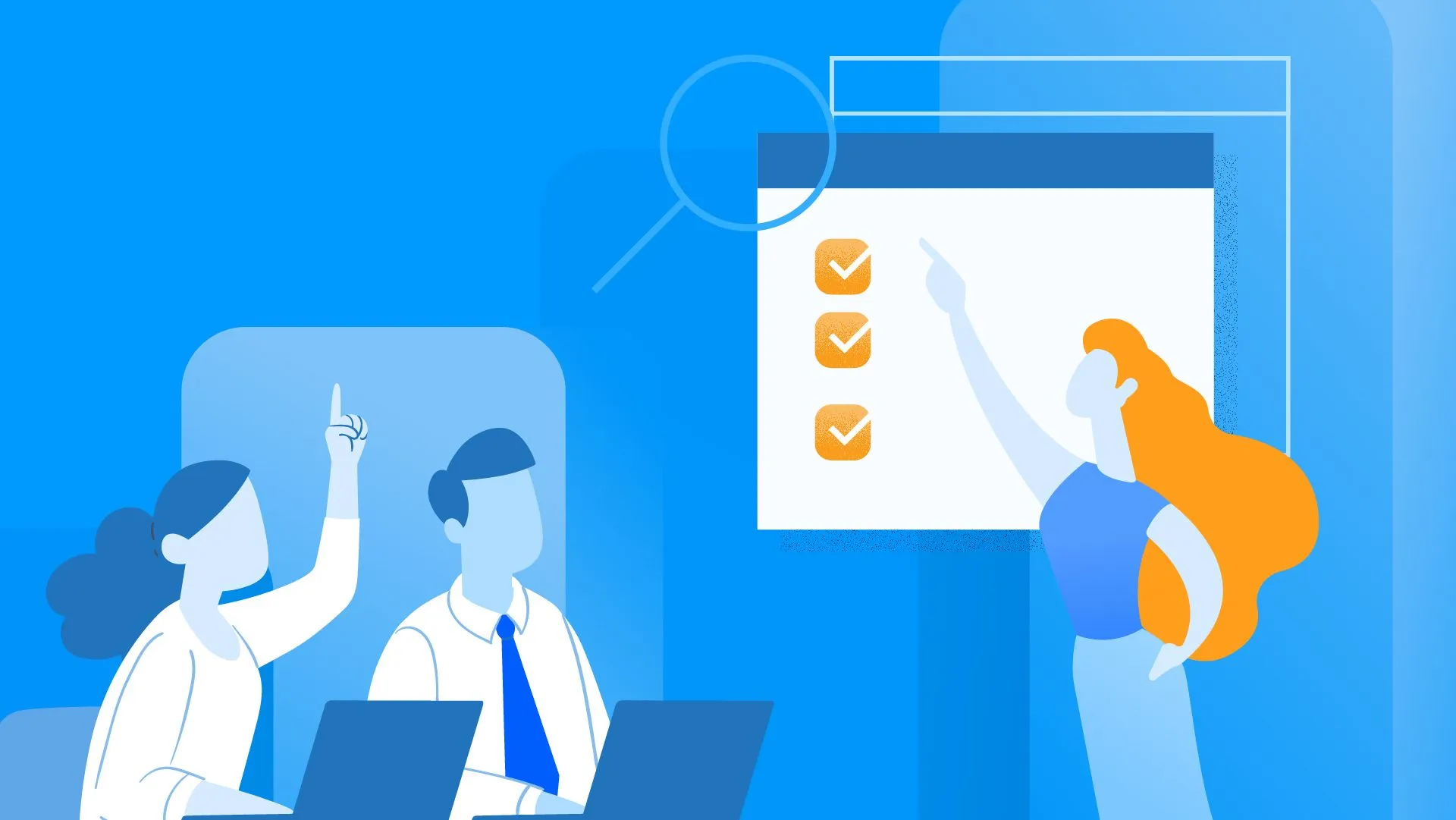 Women presenting in front of 2 executives a check list of item against a bar chart