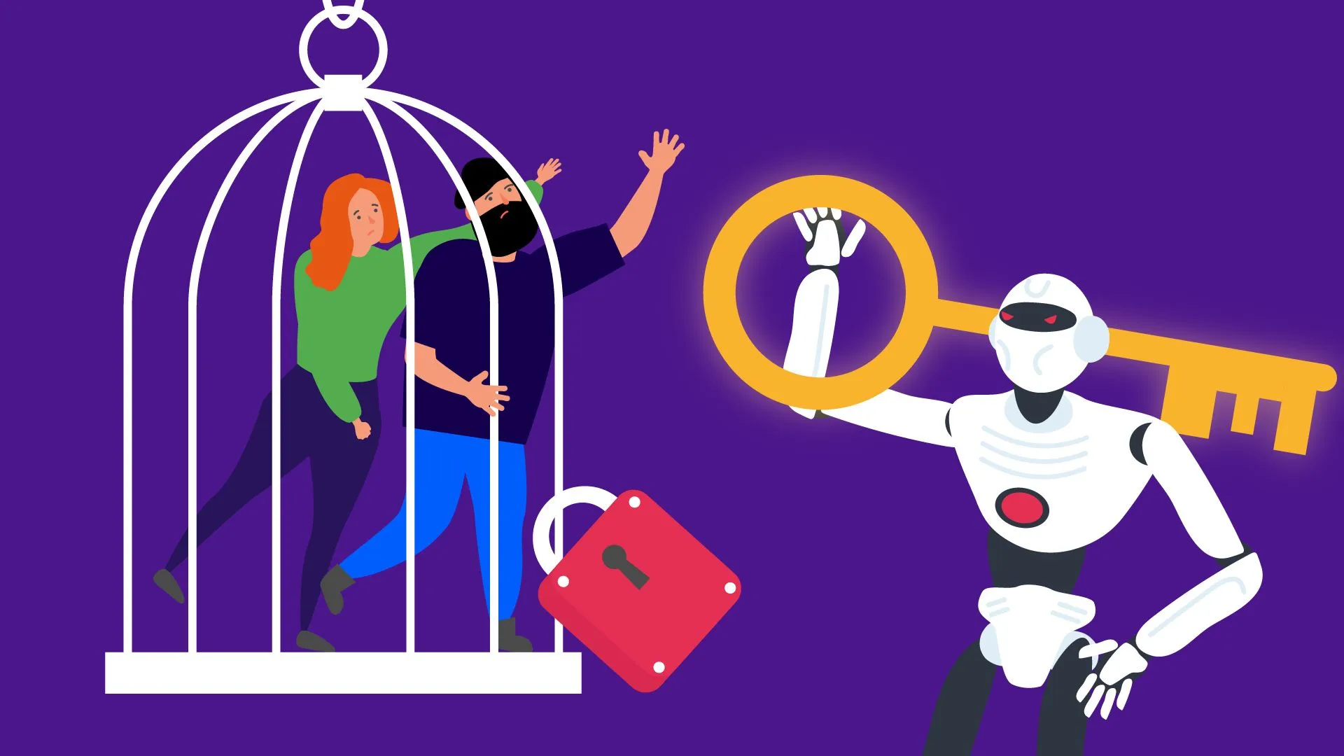 Male and female locked away within reach of a robot AI carrying a key