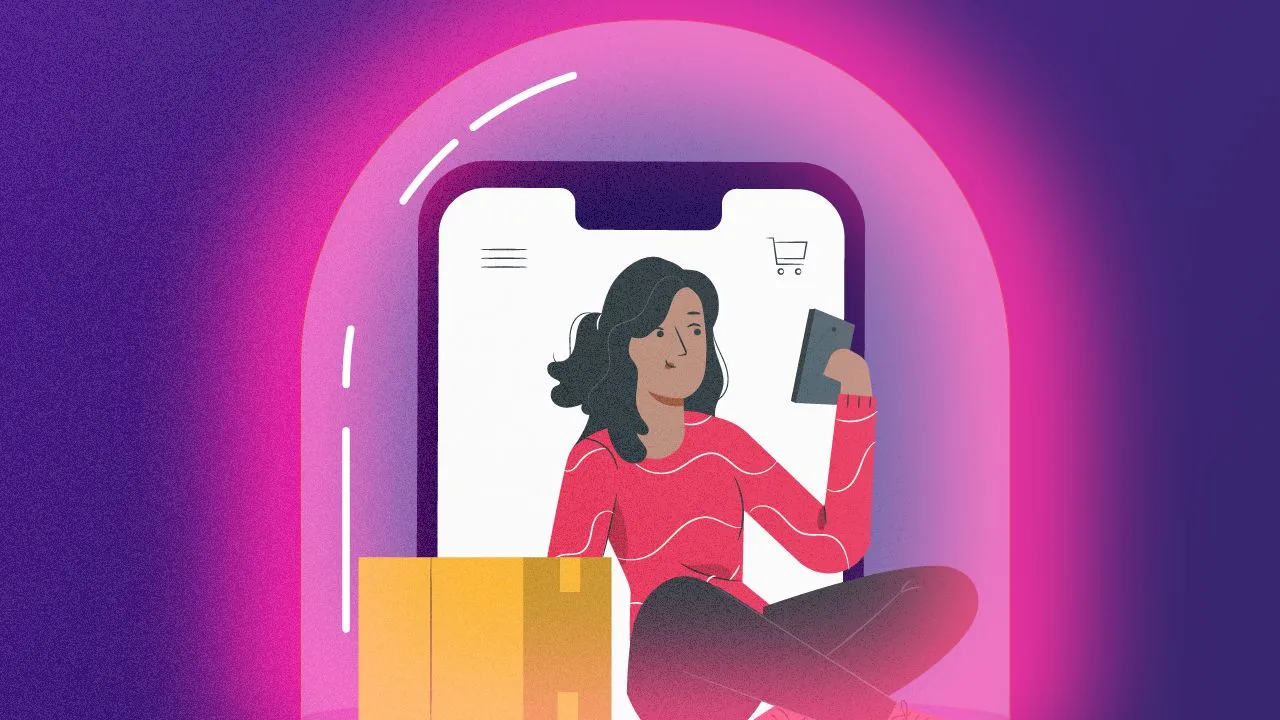 Consumer doing ecommerce shopping trapped in a glass barrier