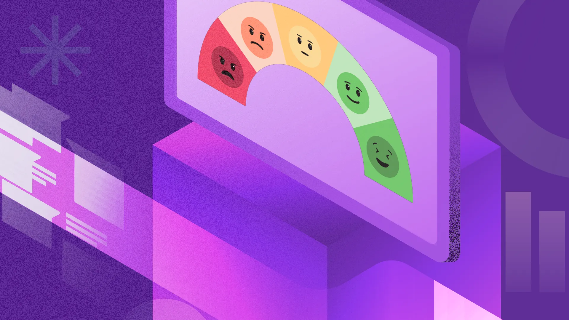 Screen displays rainbow satisfaction meter with emoji faces ranging from sad to happy on purple background.