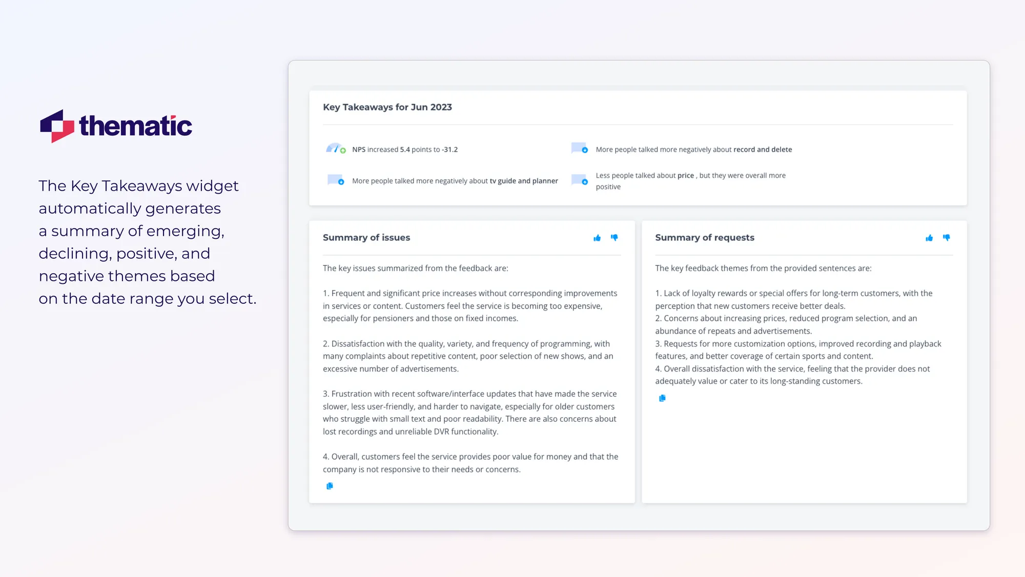 Screenshot of Thematic’s key takeaway widget - a one-box summary that combines score movement with the top positive and negative themes for the selected period.