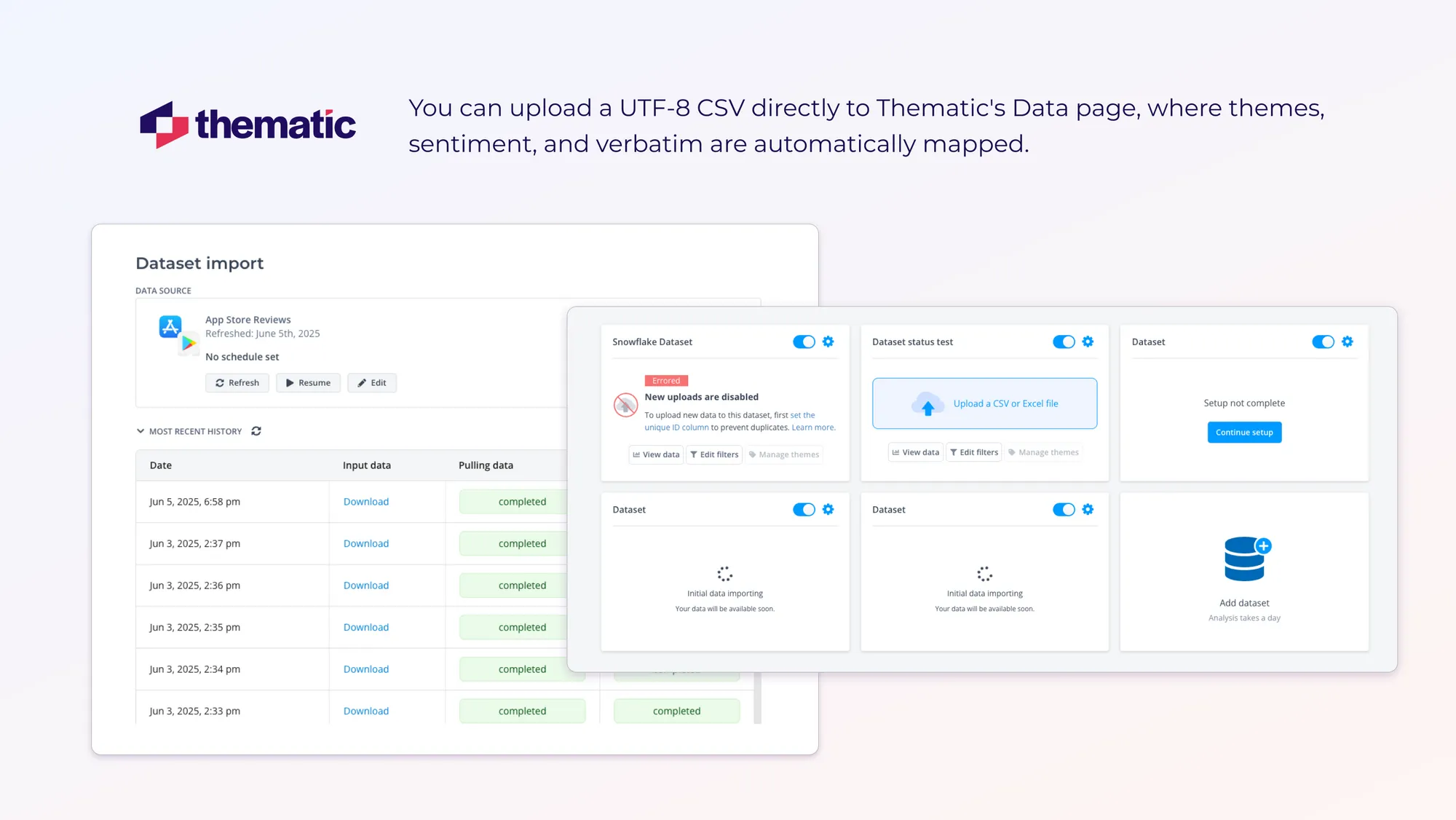 A screenshot of uploading a file into Thematic.