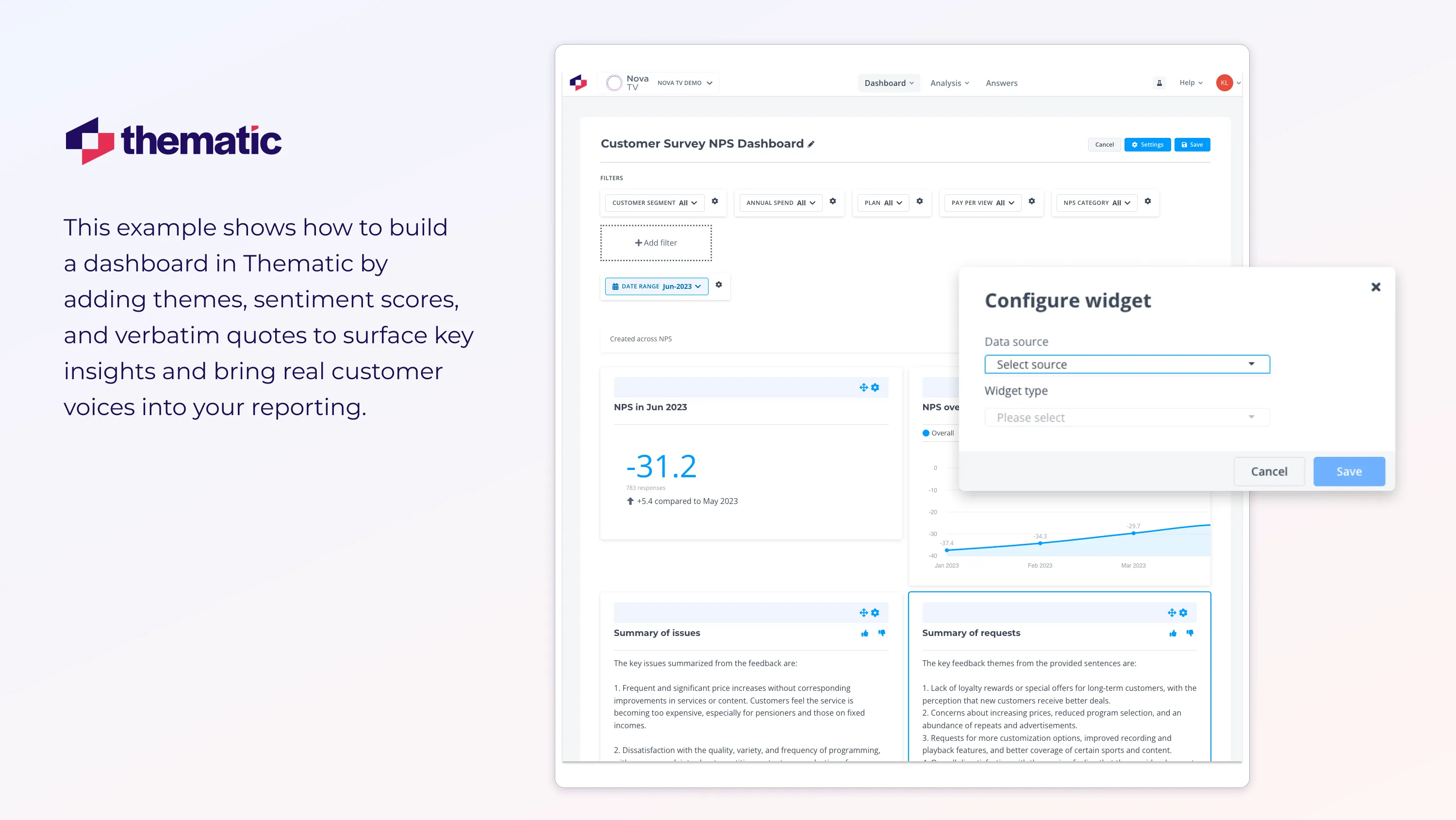 A screenshot of Thematic's dashboard being built.