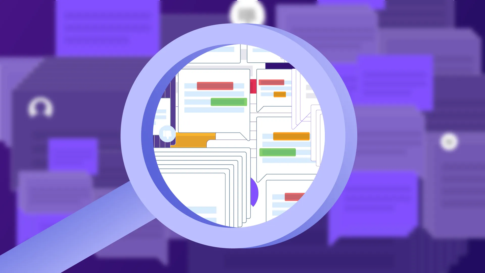 Magnifying glass showing conversation data with colored text blocks on a purple background.