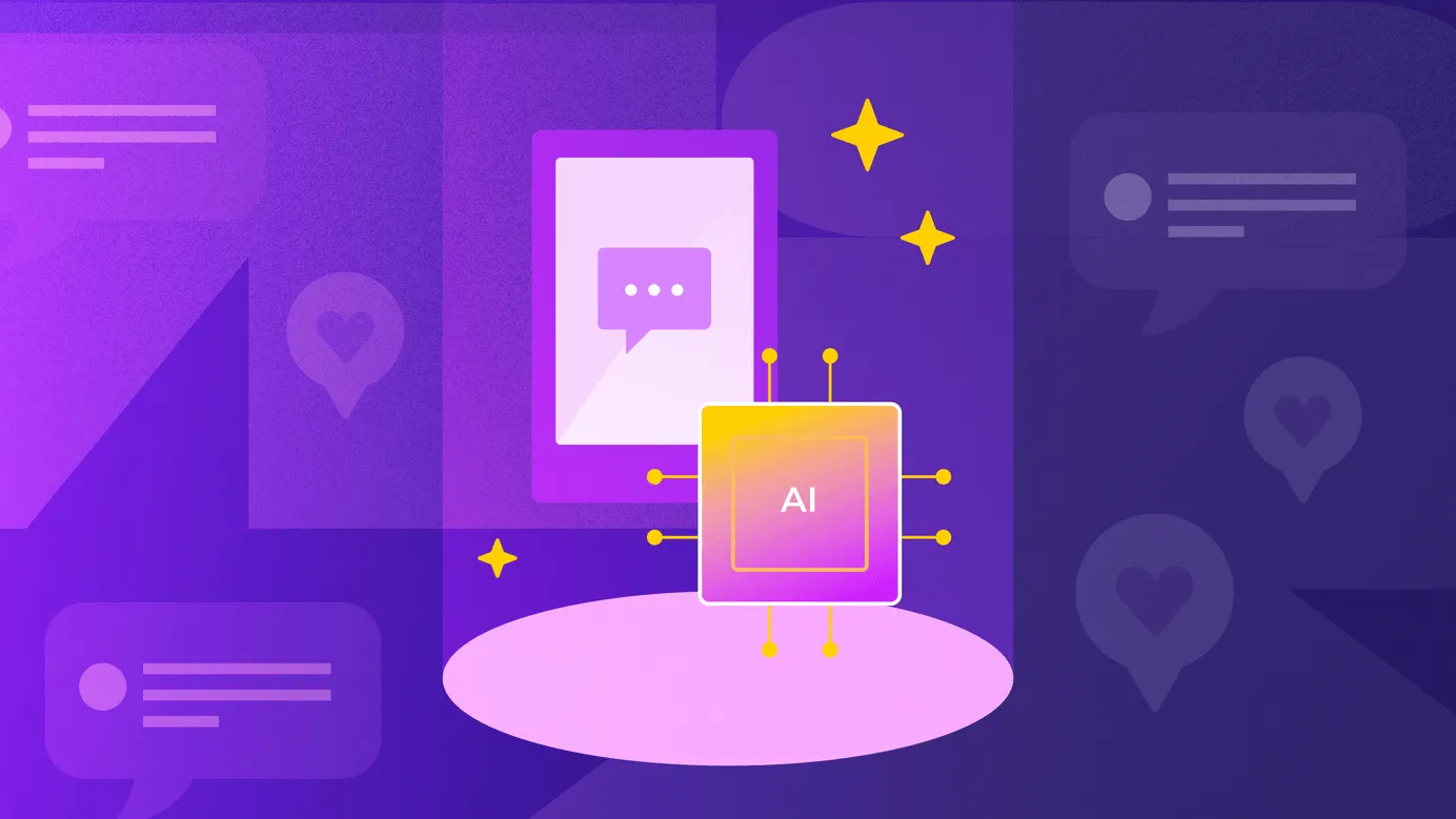 A phone with a chat box is beside an AI chip. All around are UI elements symbolizing customer service.