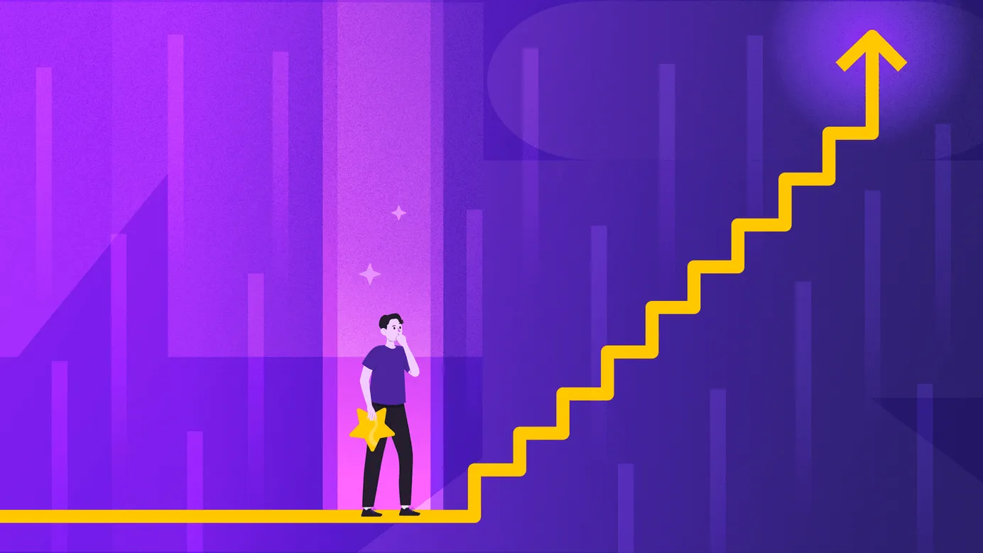 A person stands in the bottom of a 10-step staircase with an arrow pointing up at the top.