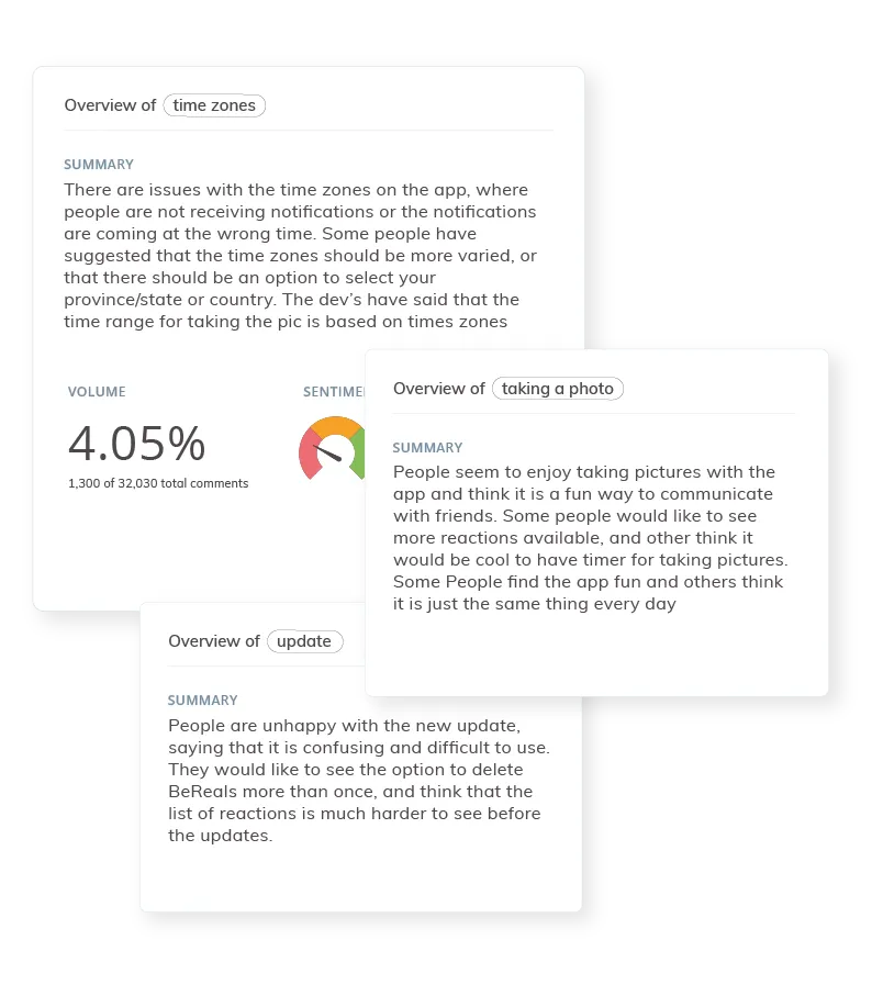Example of theme summaries for timezones, taking a photo, and update themes