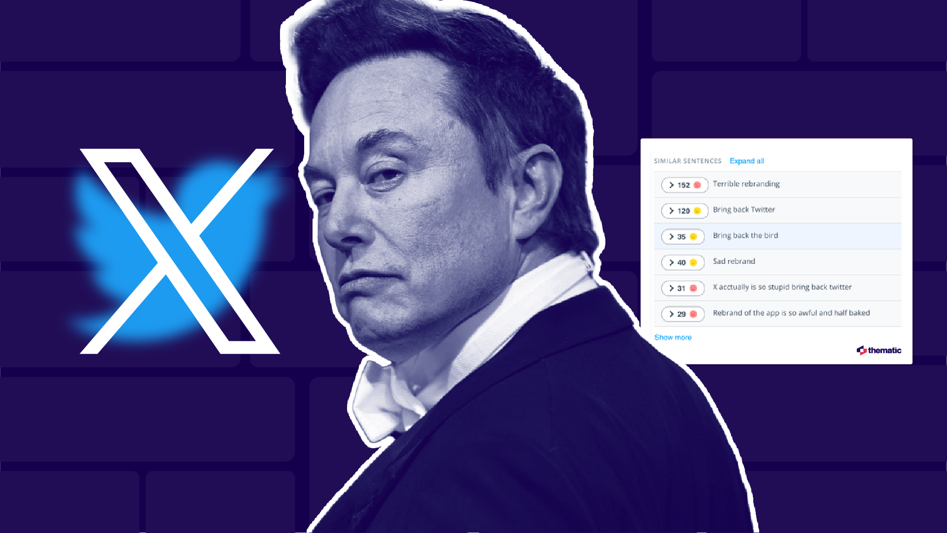 Elon Musk next to the new x logo on top of the old twitter logo with feedback from users