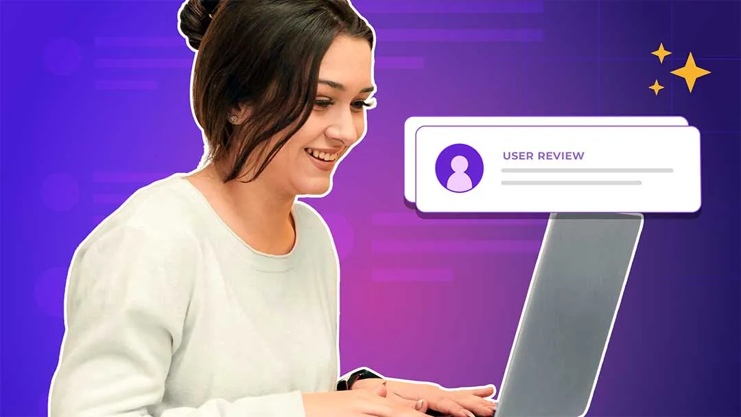 A woman on her laptop leaves a user review, a UI window showing this. 