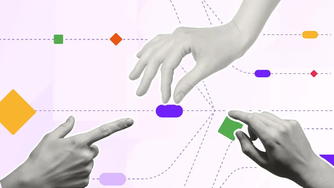 A woman (a user)  is on her phone giving feedback. We also see UI in the background representing an organization.  