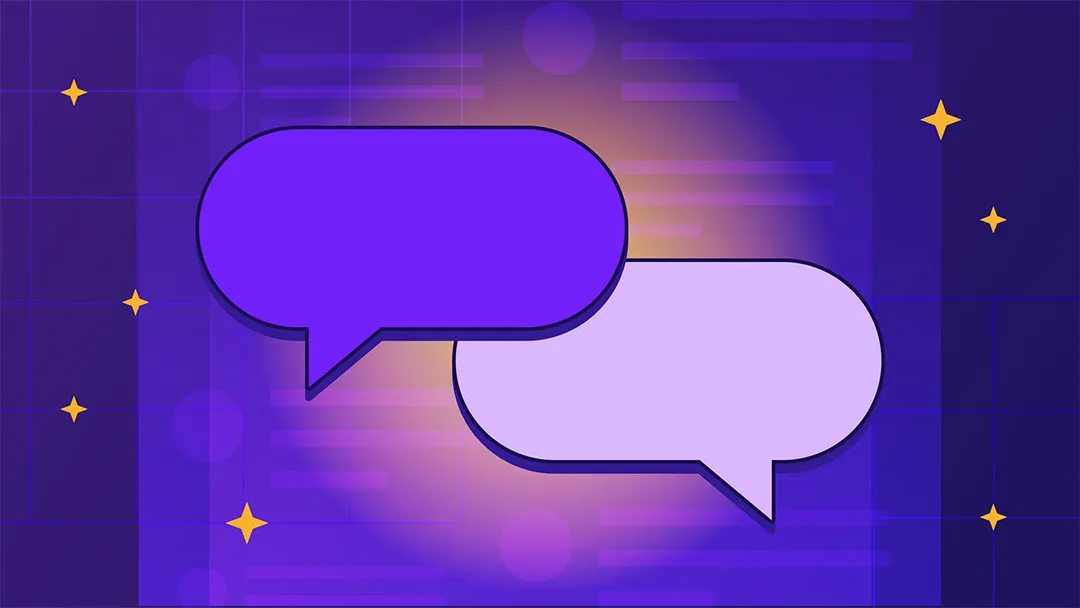 Two speech bubbles denoting conversation floats in the middle of the layout as a bunch of speech UX is in the background.