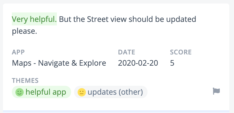 A review pulled into Thematic, showing the themes 'helpful app' and 'updates (other)
