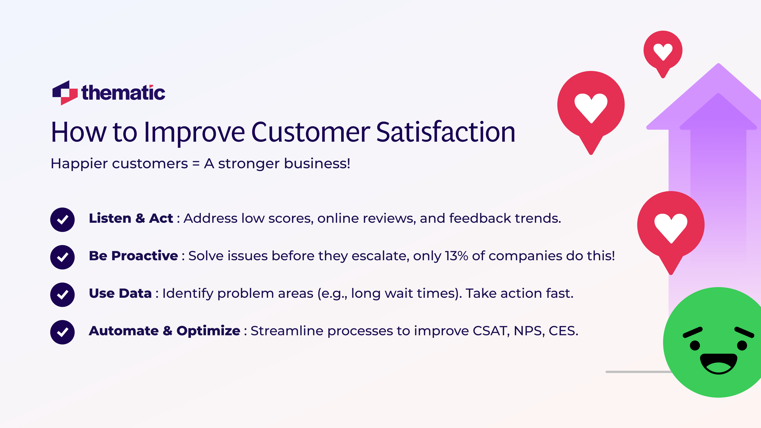 An infographic showing how to improve customer satisfaction via helpful bullet list. 