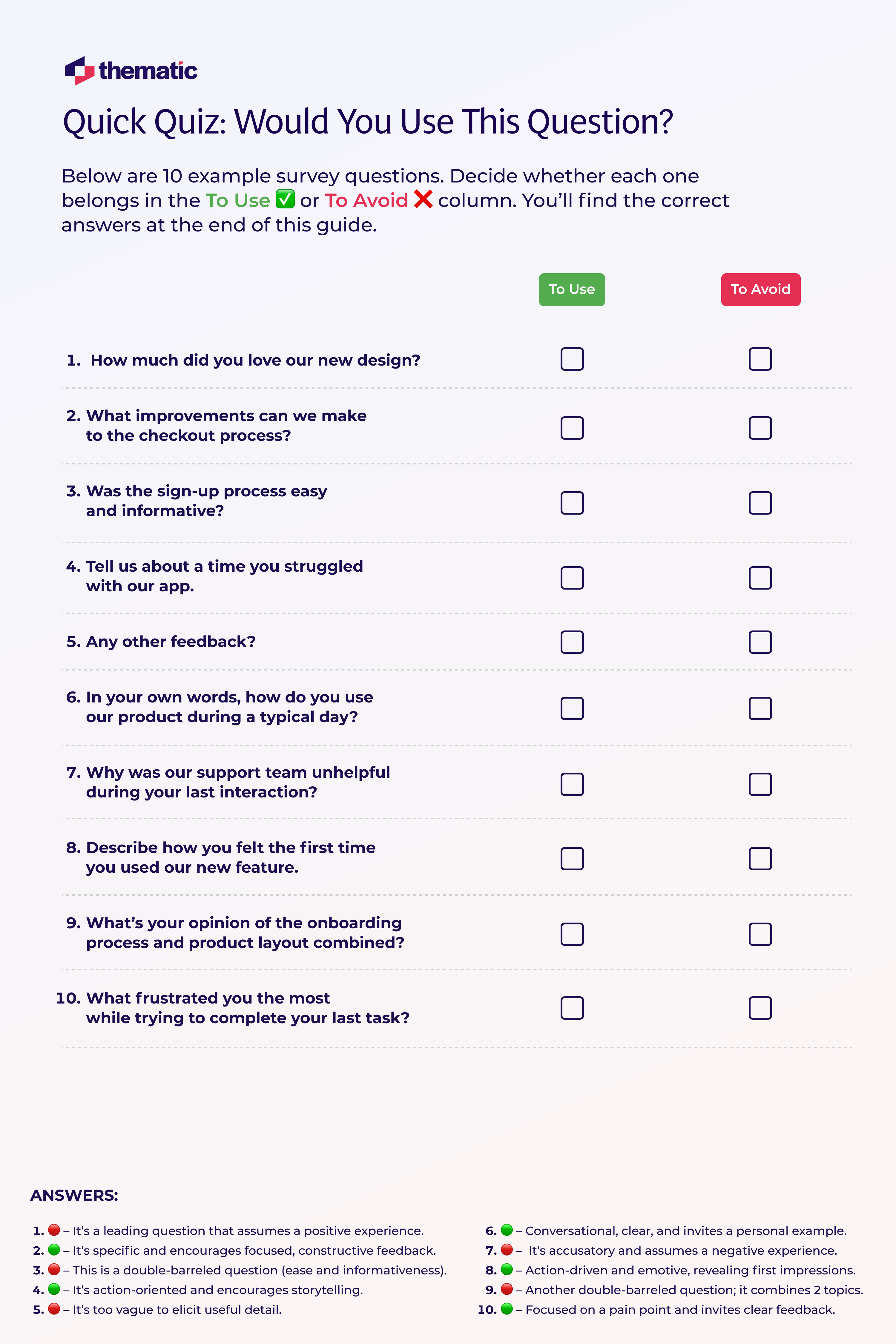 A quiz to help you make better survey questions according to your needs.